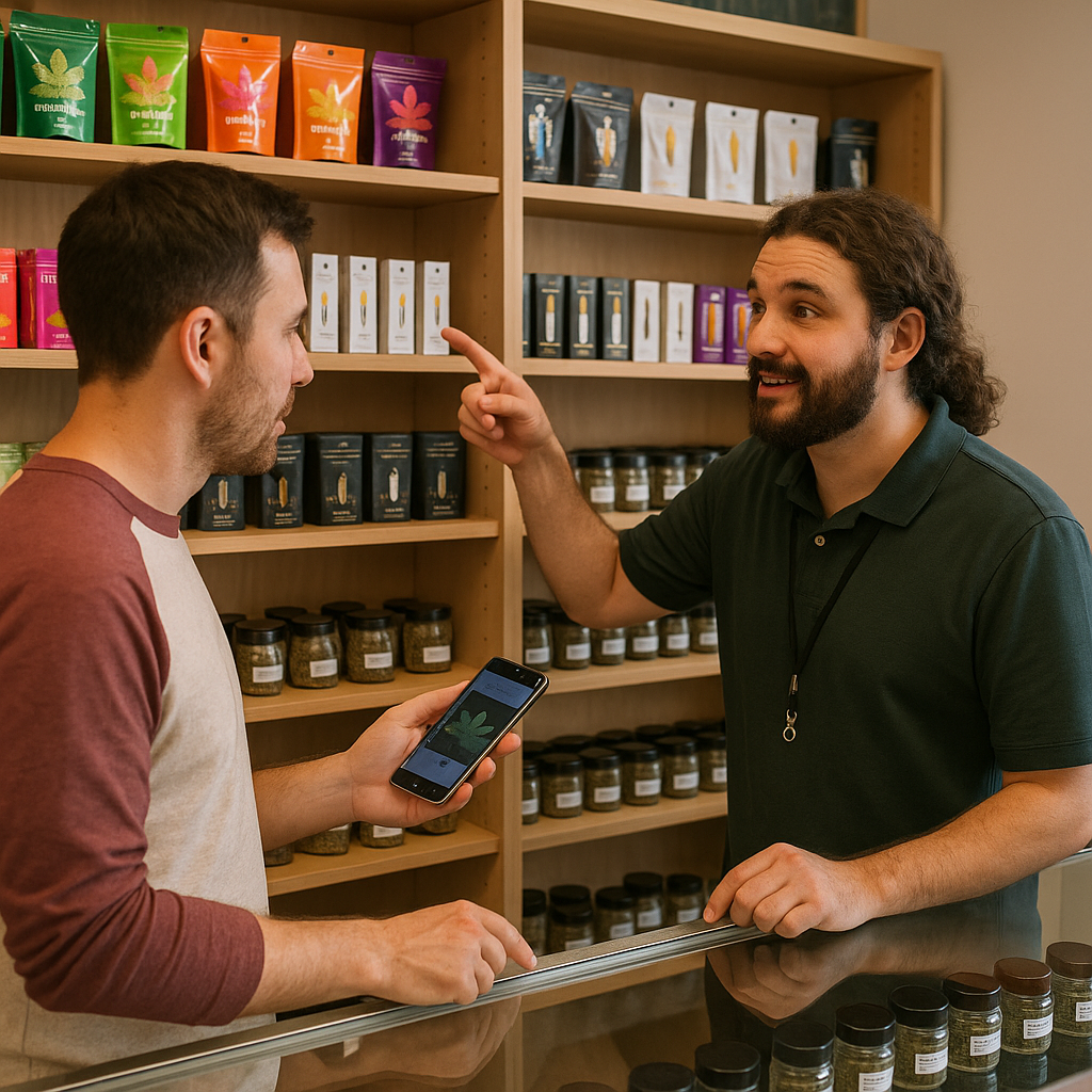 in a weed dispensary we see a customer showing the employee is phone to show him the product he is looking for the employee is pointing at the shelf to identify the product for the customer all of the products we can see on the shelves are packages g-1